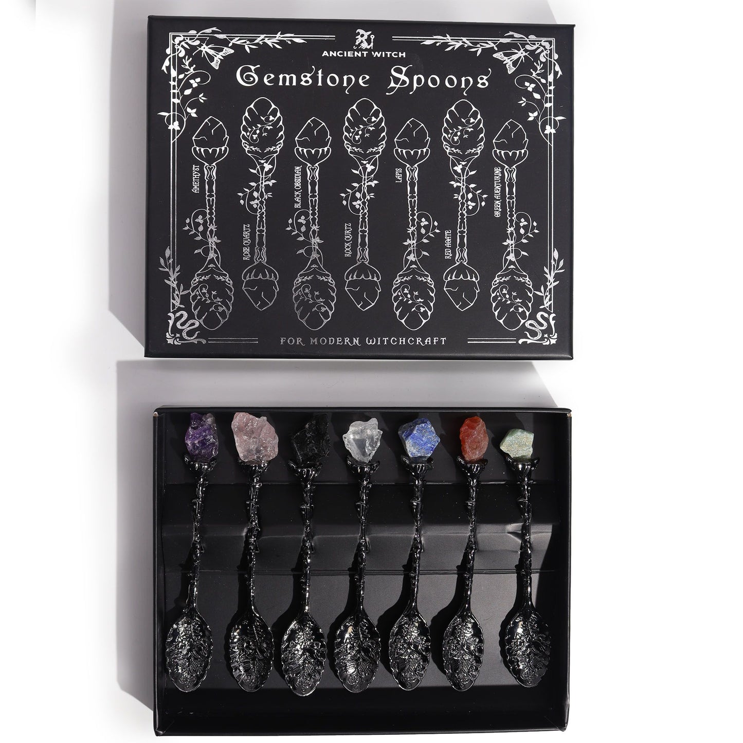 Ancient Witch Gemstone Spoons – Dark Silver | Set of 7