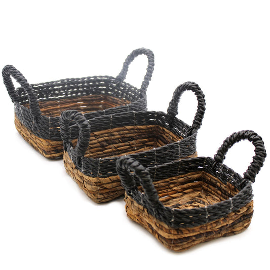 Square Banana Leaf & Hitam Raffia Baskets – Set of 3 | Hand-woven in Indonesia