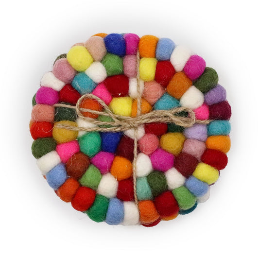 Felt Ball Multicolour Coasters – Round Set of 4 | Handmade in Nepal
