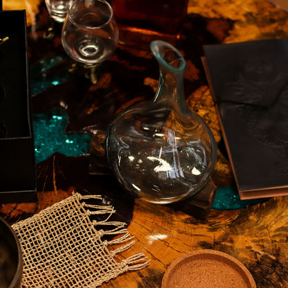 Molten Glass Decanter on Wood – Mini | Handcrafted Recycled Glass & Reclaimed Gamal Wood