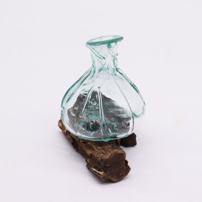 Molten Glass Decanter on Wood –  Fancy Mini | Handcrafted Recycled Glass & Gamal Wood