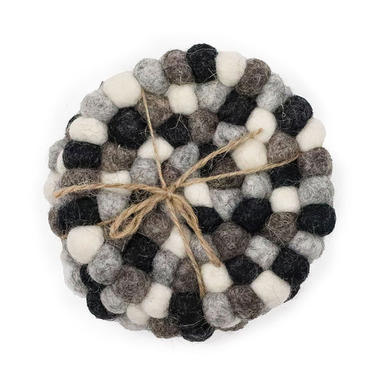 Felt Ball Multi-Grey Coasters – Round Set of 4 | Handmade in Nepal