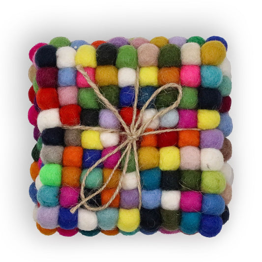 Felt Ball Multicolour Coasters – Square Set of 4 | Handmade in Nepal