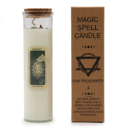 Magic Spell Candle - Prosperity | Soy Wax with Tiger's Eye + Green Aventurine Gemstones & Lemon Honeysuckle Fragrance