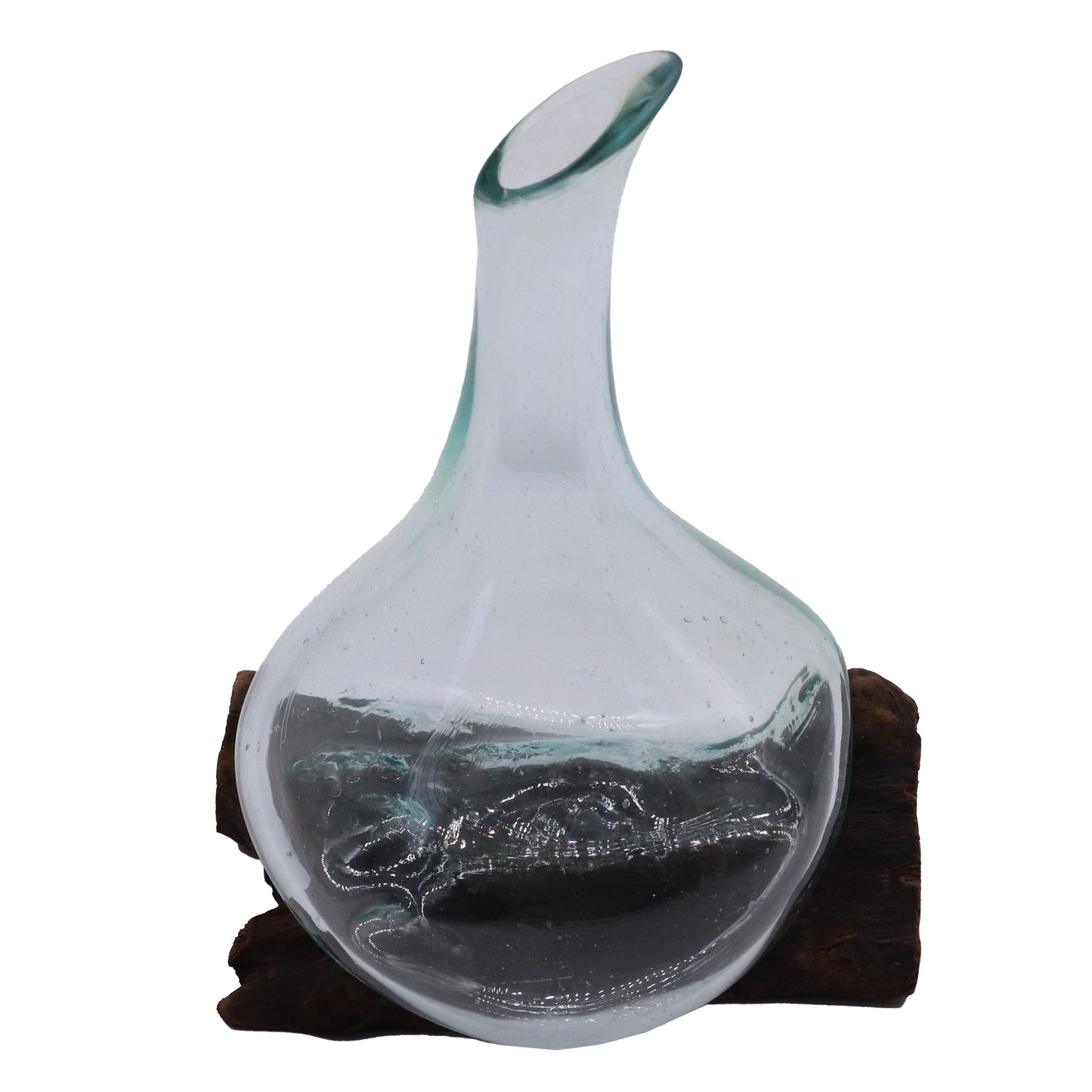 Molten Glass Decanter on Wood – Mini | Handcrafted Recycled Glass & Reclaimed Gamal Wood
