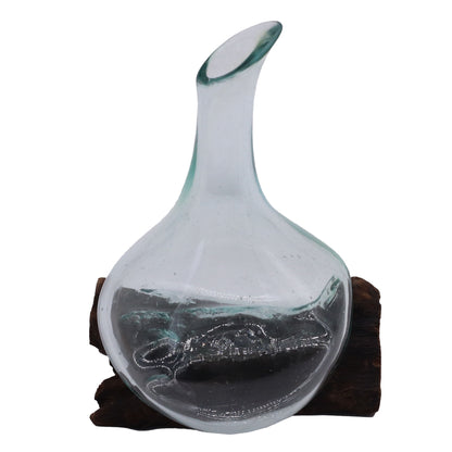 Molten Glass Decanter on Wood – Mini | Handcrafted Recycled Glass & Reclaimed Gamal Wood