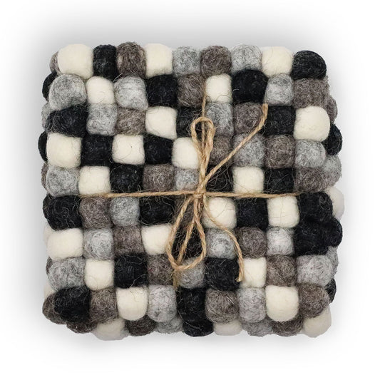 Felt Ball Multi-Grey Coasters – Square Set of 4 | Handmade in Nepal