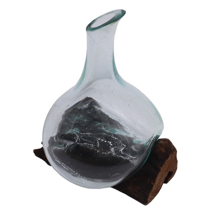 Molten Glass Decanter on Wood – Mini | Handcrafted Recycled Glass & Reclaimed Gamal Wood