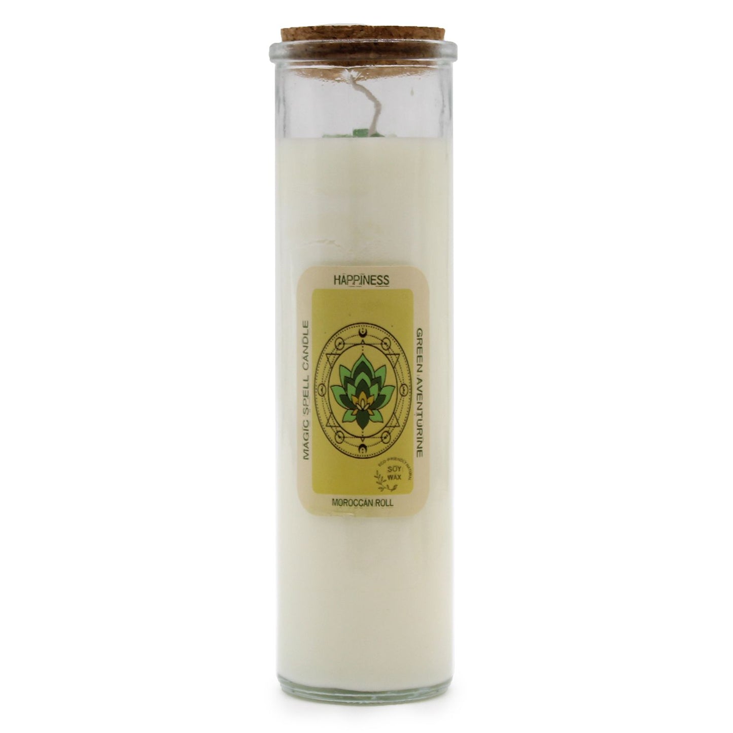 Magic Spell Candle - Happiness | Soy Wax with Green Aventurine Gemstones & Moroccan Rose Fragrance