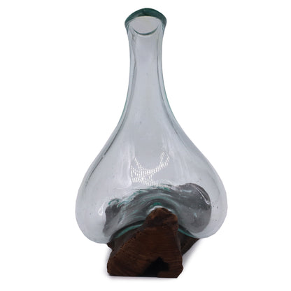 Molten Glass Decanter on Wood – Mini | Handcrafted Recycled Glass & Reclaimed Gamal Wood