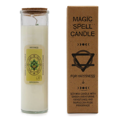 Magic Spell Candle - Happiness | Soy Wax with Green Aventurine Gemstones & Moroccan Rose Fragrance