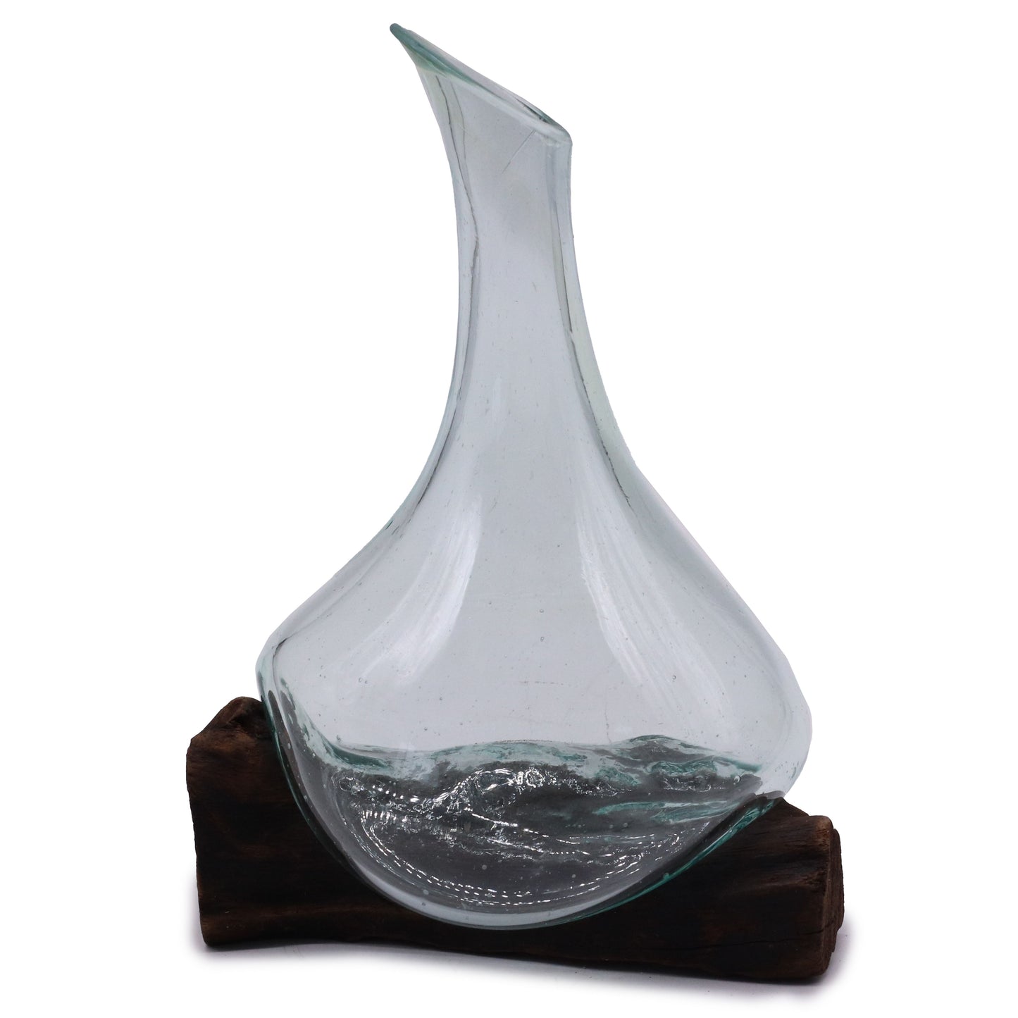 Molten Glass Decanter on Wood – Mini | Handcrafted Recycled Glass & Reclaimed Gamal Wood