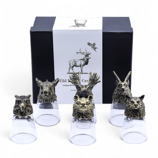 Wild Forest Creatures Bottom Up Shot Glasses – 50ml x Set of 6 | Antique Bronze