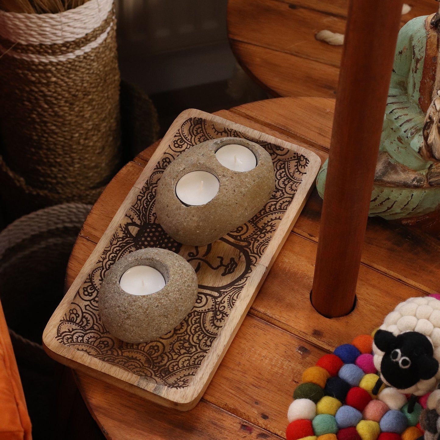 Natural Riverstone Candle Holder – Double Nightlight | Handmade in Indonesia