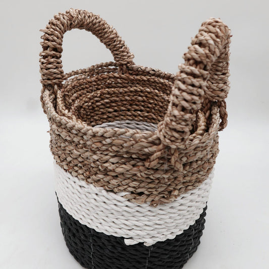 Charcoal & White Seagrass Basket Set – Set of 3  | Handmade & Eco-friendly