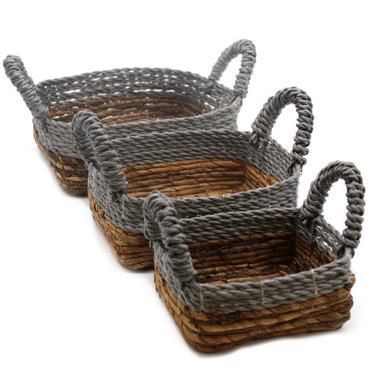 Square Banana Leaf & Abu-Abu Raffia Baskets – Set of 3 | Hand-woven in Indonesia