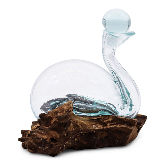 Molten Glass Decanter on Wood – Duck Decanter with Stopper | Handcrafted Recycled Glass & Reclaimed Gamal Wood