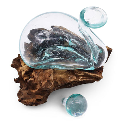 Molten Glass Decanter on Wood – Duck Decanter with Stopper | Handcrafted Recycled Glass & Reclaimed Gamal Wood