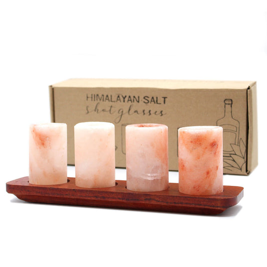 Himalayan Salt Shot Glasses – Set of 4 | With Wooden Serving Stand