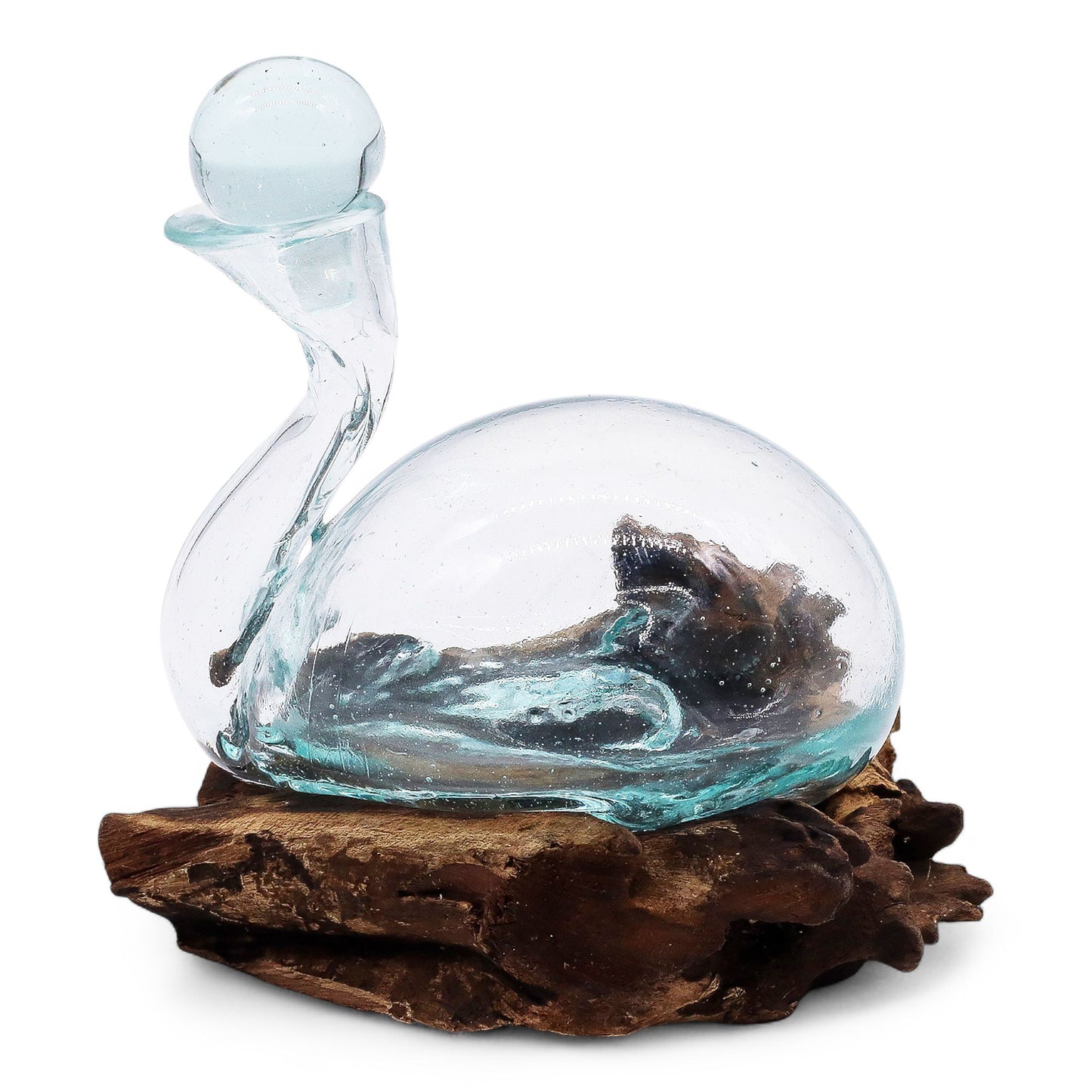 Molten Glass Decanter on Wood – Duck Decanter with Stopper | Handcrafted Recycled Glass & Reclaimed Gamal Wood