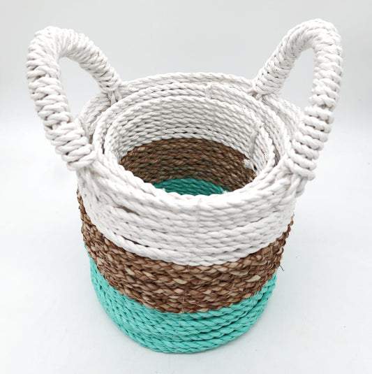 Green & White Seagrass Basket Set – Set of 3  | Handmade & Eco-friendly