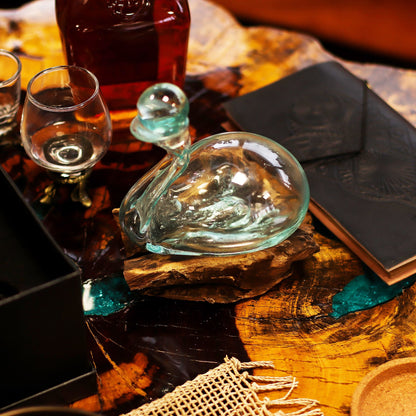 Molten Glass Decanter on Wood – Duck Decanter with Stopper | Handcrafted Recycled Glass & Reclaimed Gamal Wood