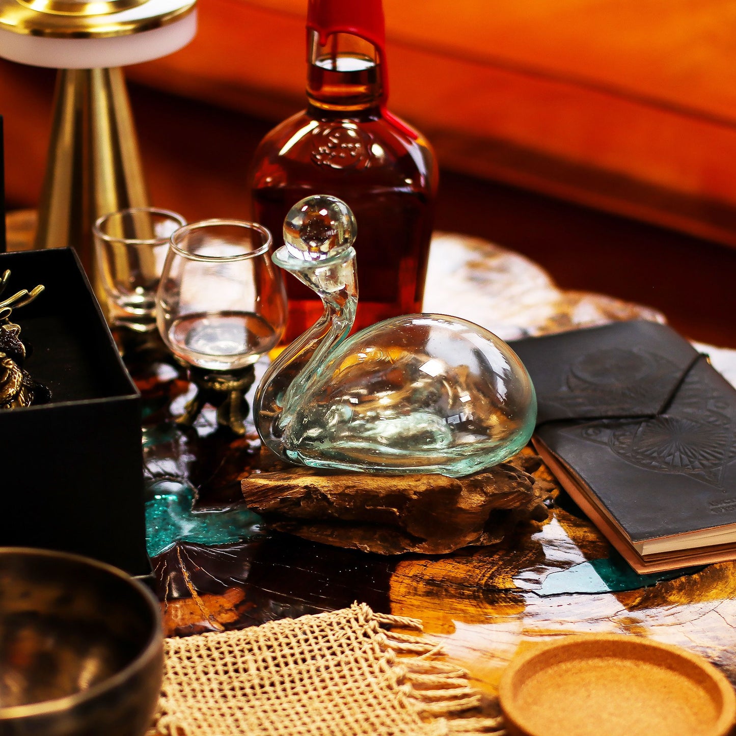 Molten Glass Decanter on Wood – Duck Decanter with Stopper | Handcrafted Recycled Glass & Reclaimed Gamal Wood