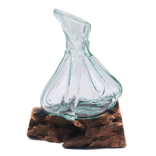 Molten Glass Decanter on Wood –  Fancy Mini | Handcrafted Recycled Glass & Gamal Wood