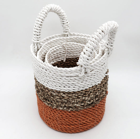 Orange & White Seagrass Basket Set – Set of 3  | Handmade & Eco-friendly