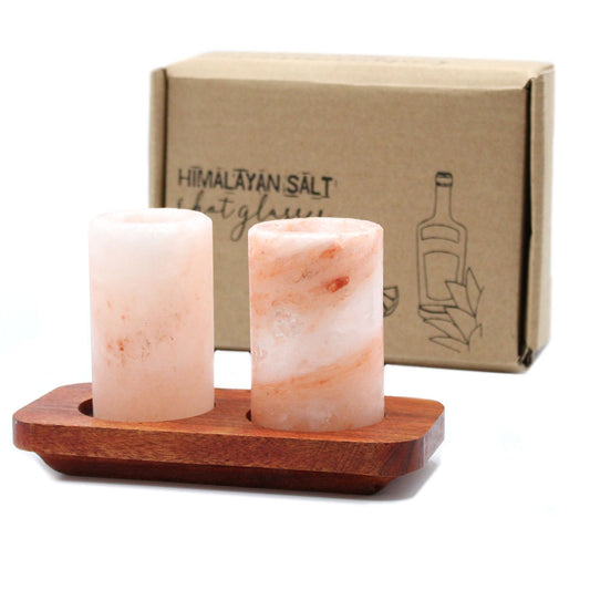 Himalayan Salt Shot Glasses – Set of 2 | With Wooden Serving Stand