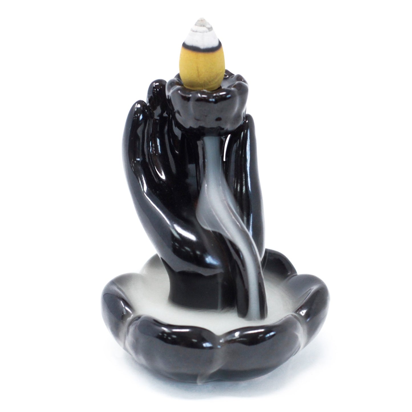 Black Ceramic Backflow Incense Burner – Hand & Lotus Flower | Hand-Painted Symbolic Design
