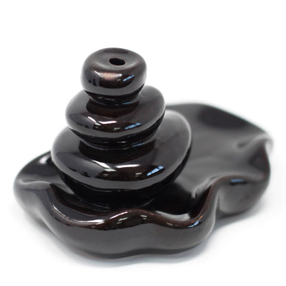 Black Ceramic Backflow Incense Burner – Pebbles into Pool | Hand-Painted Tranquil Design
