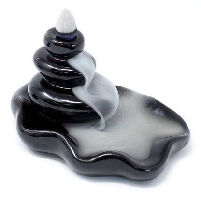 Black Ceramic Backflow Incense Burner – Pebbles into Pool | Hand-Painted Tranquil Design