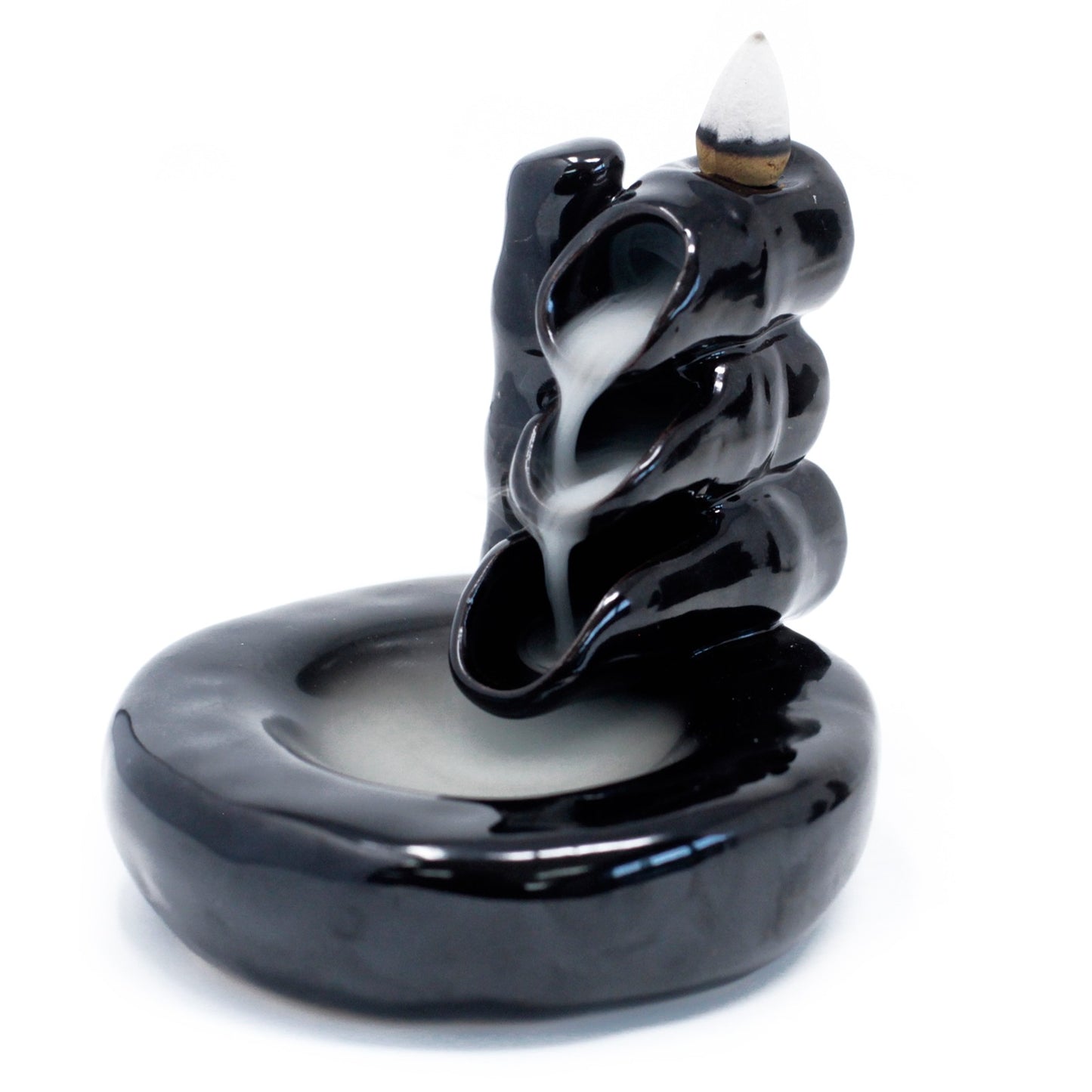 Black Ceramic Backflow Incense Burner – Bamboo & Pool | Hand-Painted Zen Waterfall