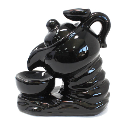 Black Ceramic Backflow Incense Burner – Tea Pot | Hand-Painted Cascading Smoke Effect
