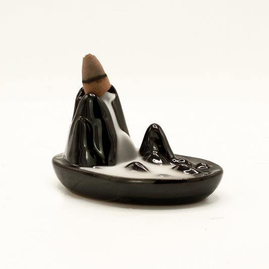 Black Ceramic Backflow Incense Burner – Mini Mountain | Hand-Painted Smoke Cascade