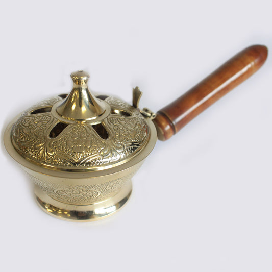 Brass Censer with Wooden Handle – Ornate | Solid Polished Brass Incense Burner