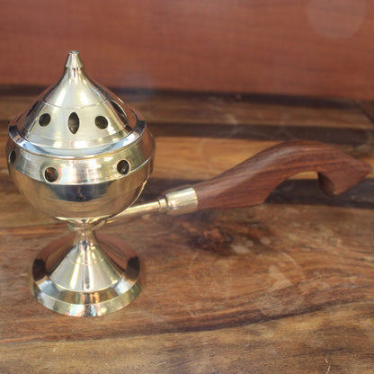 Brass Censer with Wooden Handle – Classic | Solid Polished Brass Incense Burner