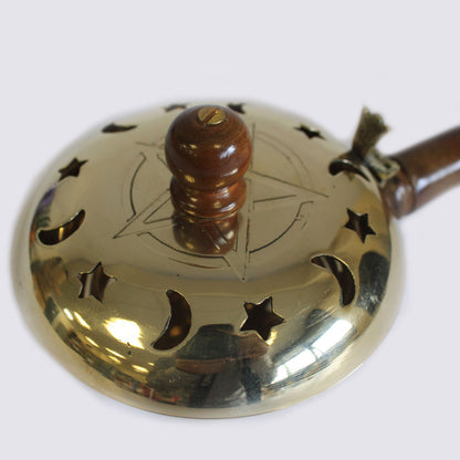 Brass Censer with Wooden Handle – Pentagram | Solid Polished Brass Incense Burner