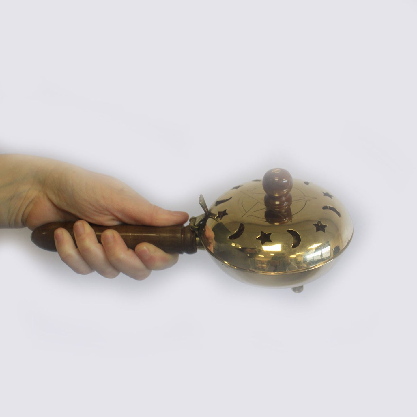 Brass Censer with Wooden Handle – Pentagram | Solid Polished Brass Incense Burner