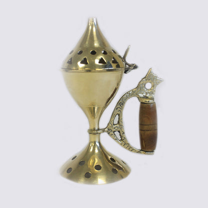 Brass Cone Standing Incense Burner with Wooden Handle – Medium | Polished Solid Brass