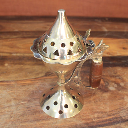 Brass Cone Standing Incense Burner with Wooden Handle – Medium | Polished Solid Brass