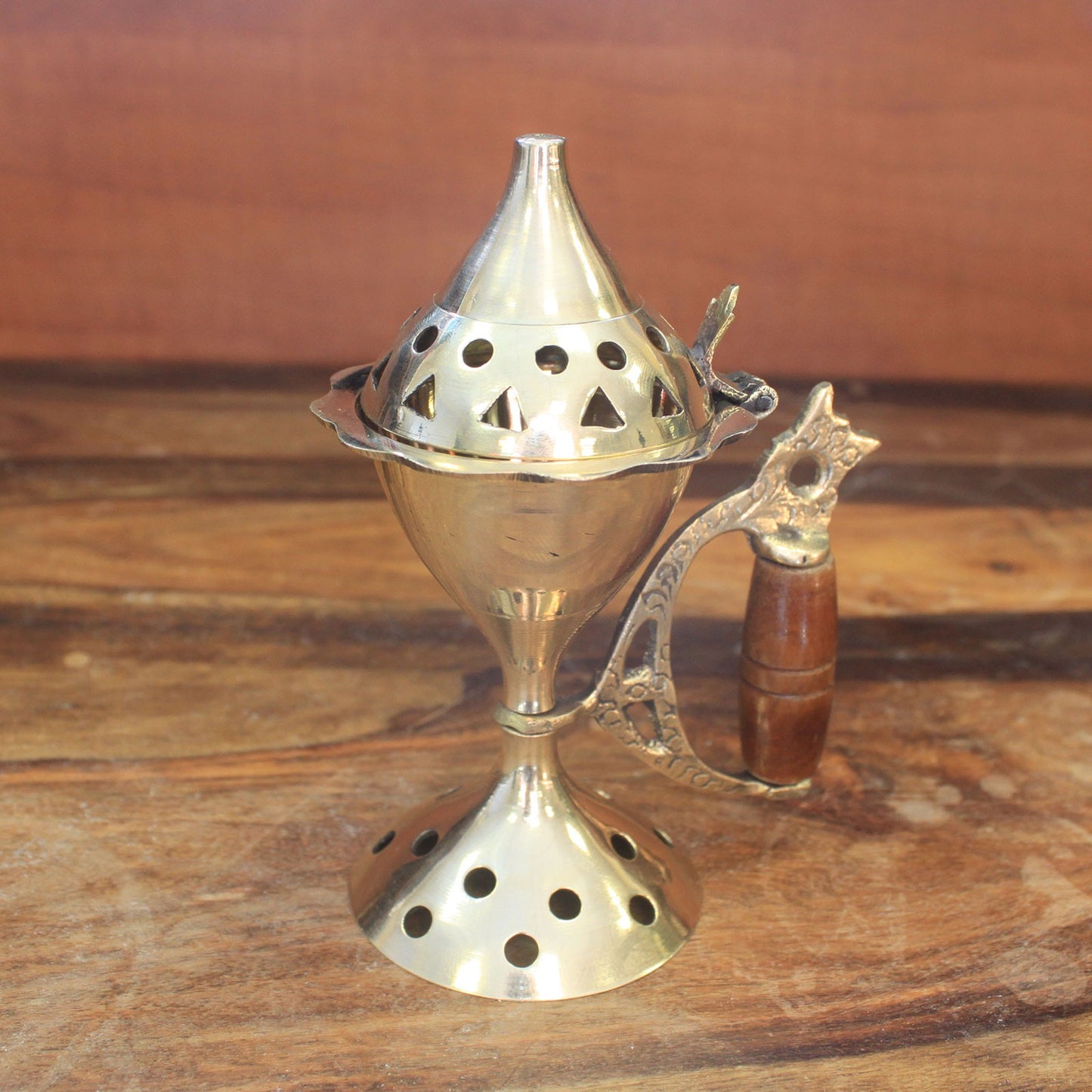 Brass Cone Standing Incense Burner with Wooden Handle – Medium | Polished Solid Brass