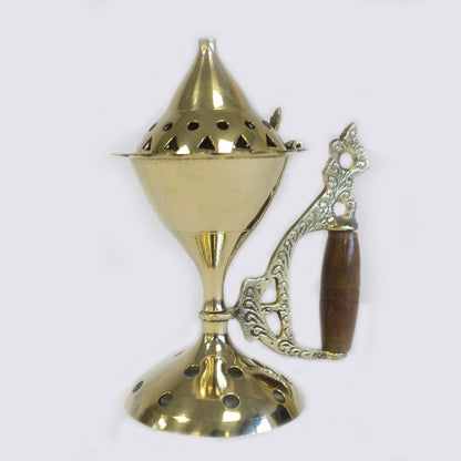 Brass Cone Standing Incense Burner with Wooden Handle – Large | Polished Solid Brass