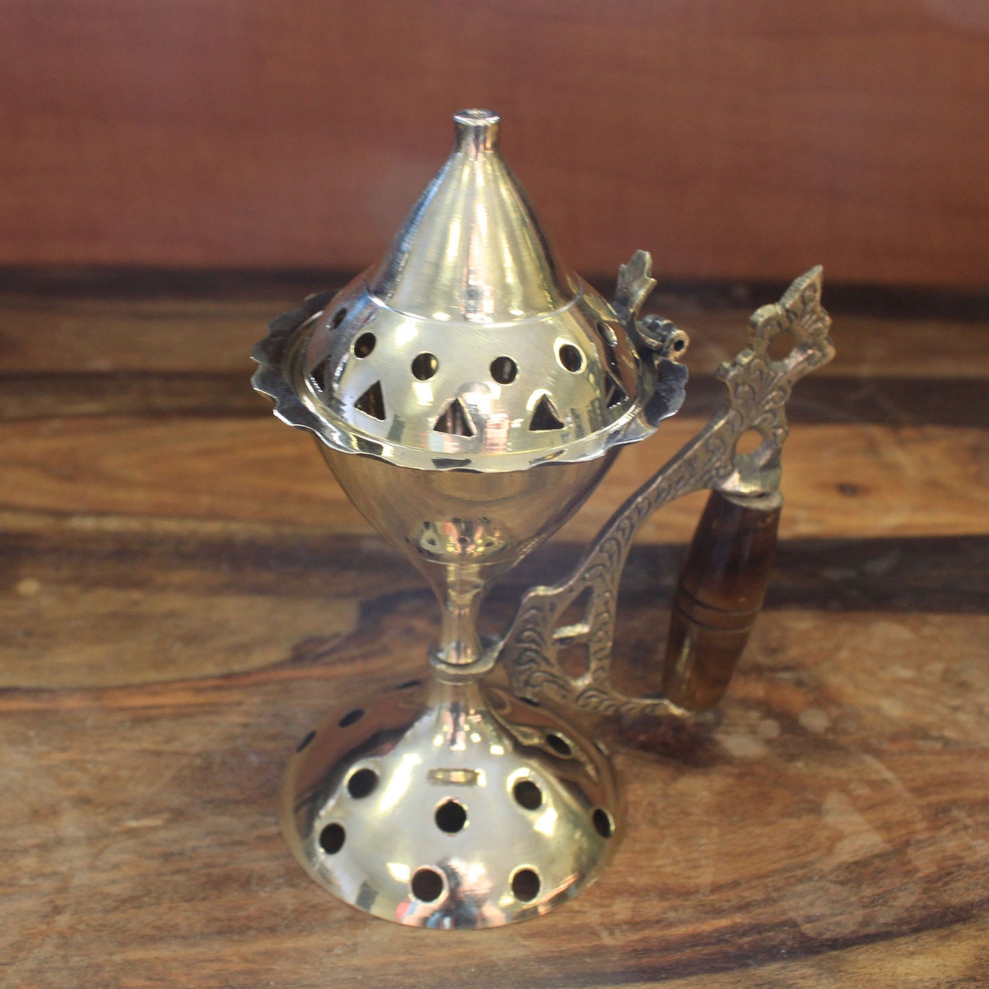 Brass Cone Standing Incense Burner with Wooden Handle – Large | Polished Solid Brass