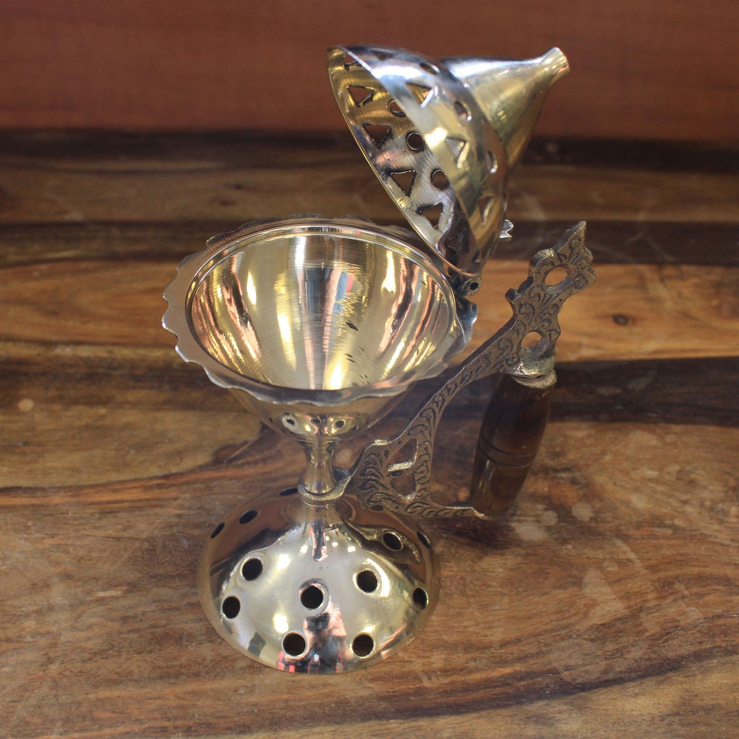 Brass Cone Standing Incense Burner with Wooden Handle – Large | Polished Solid Brass