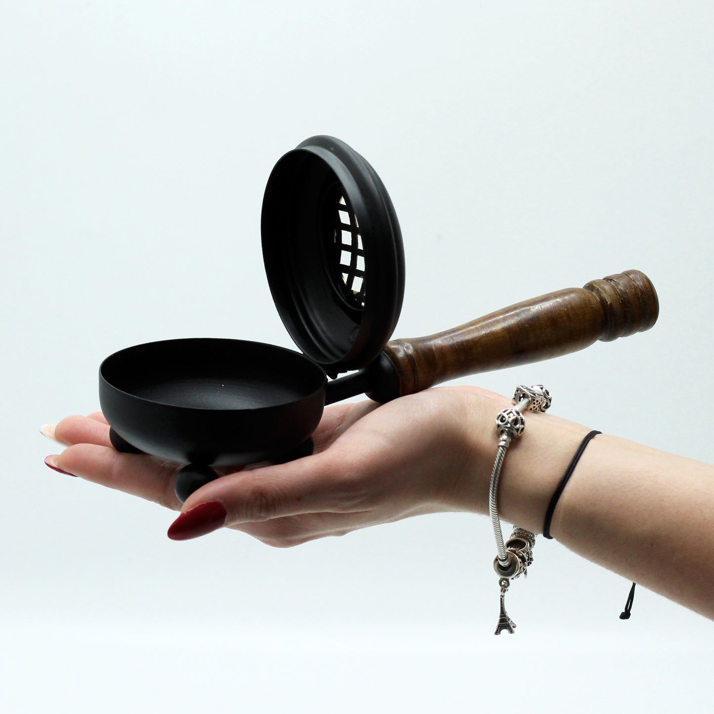 Iron Incense Burner with Wooden Handle – Medium Censer | Handcrafted & Gold Design