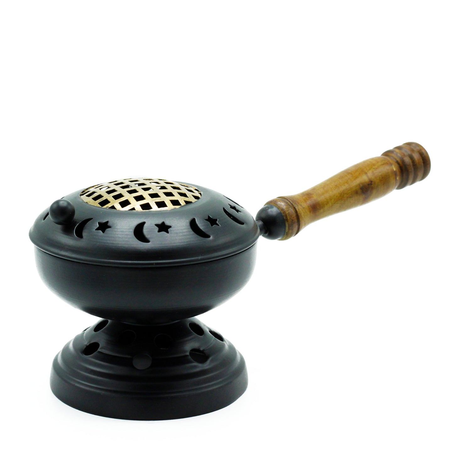 Iron Incense Burner with Wooden Handle – Large Censer with Stand | Handcrafted Star & Moon Design