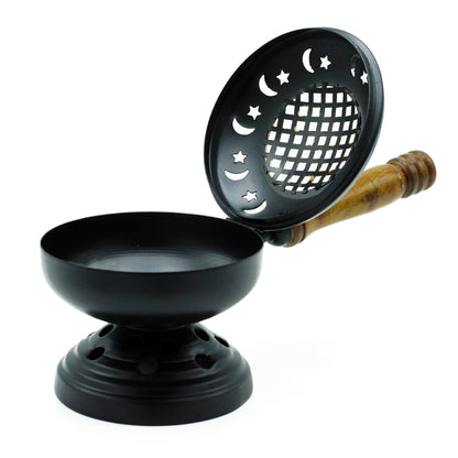 Iron Incense Burner with Wooden Handle – Large Censer with Stand | Handcrafted Star & Moon Design