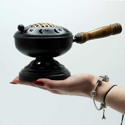 Iron Incense Burner with Wooden Handle – Large Censer with Stand | Handcrafted Star & Moon Design